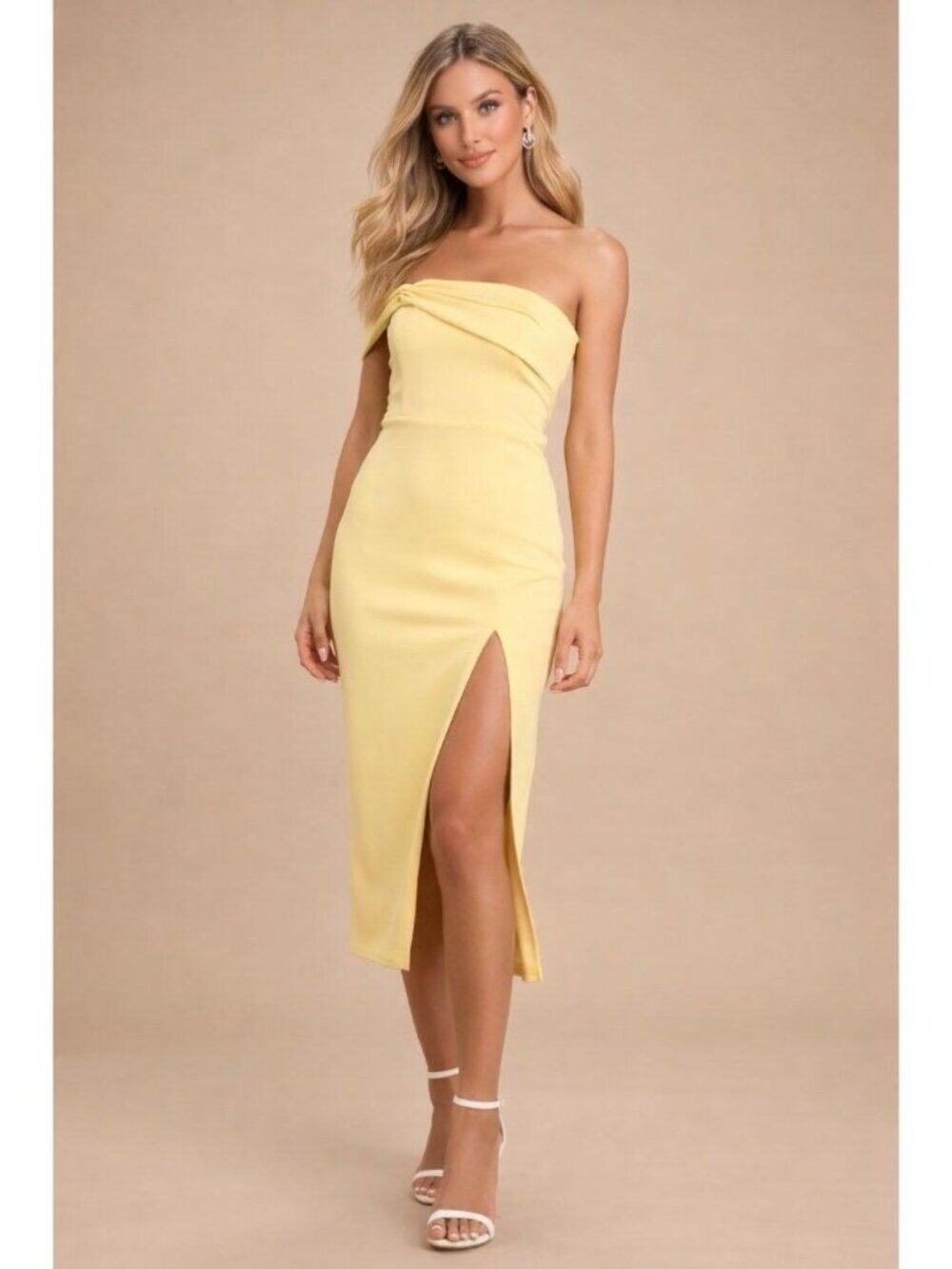 NEW Lulus Twist and Make Up Light Yellow One-Shoulder Bodycon Midi Dress Medium